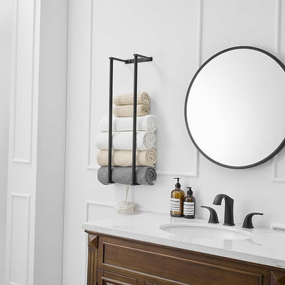 BWE Matte Black Towel Racks for Bathroom, 28" Stainless Steel Bathroom Towel Holder for Rolled Towels, Wall Mounted Towel Storage for Bathroom with 2 Hooks, 6 Large Bath Towels Capacity