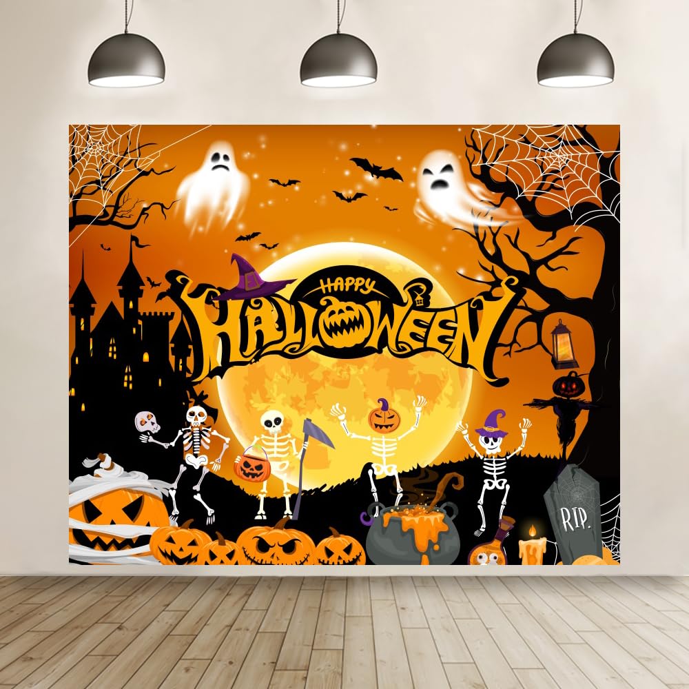 Halloween Backdrop 10x8ft Orange Happy Halloween Banner Decorations Moon Scary Castle Ghost Pumpkin Lantern Backdrops Large Halloween Background for Photobooth Props