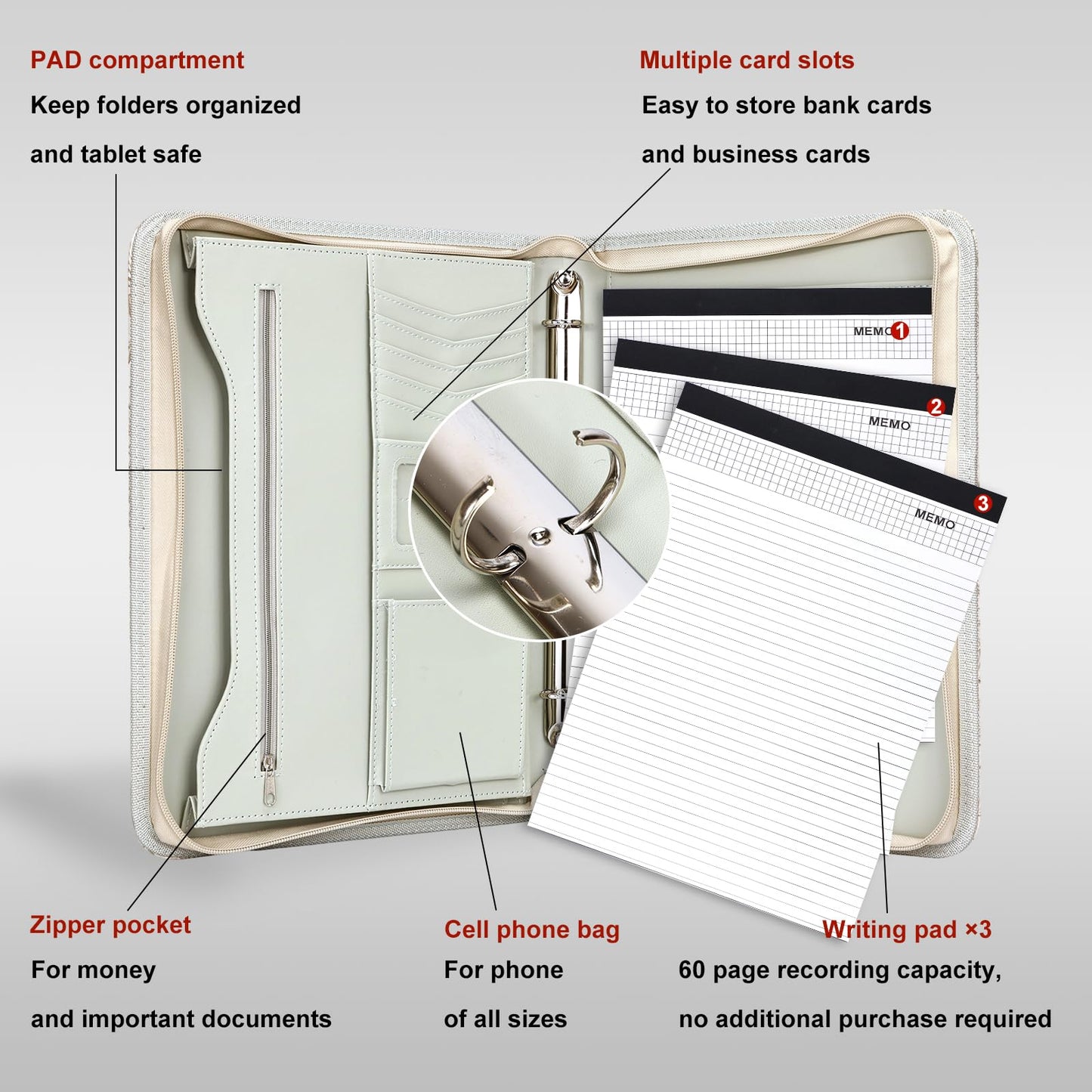 Leathario Portfolio Binder, Includes 5 Folder Index Dividers and 3 Notepads, 3-Ring Folder Organizer, Padfolio with Zipper, Vegan Leather Tablet Sleeve, Business Office Conference Clipboards