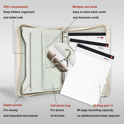 Leathario Portfolio Binder, Includes 5 Folder Index Dividers and 3 Notepads, 3-Ring Folder Organizer, Padfolio with Zipper, Vegan Leather Tablet Sleeve, Business Office Conference Clipboards