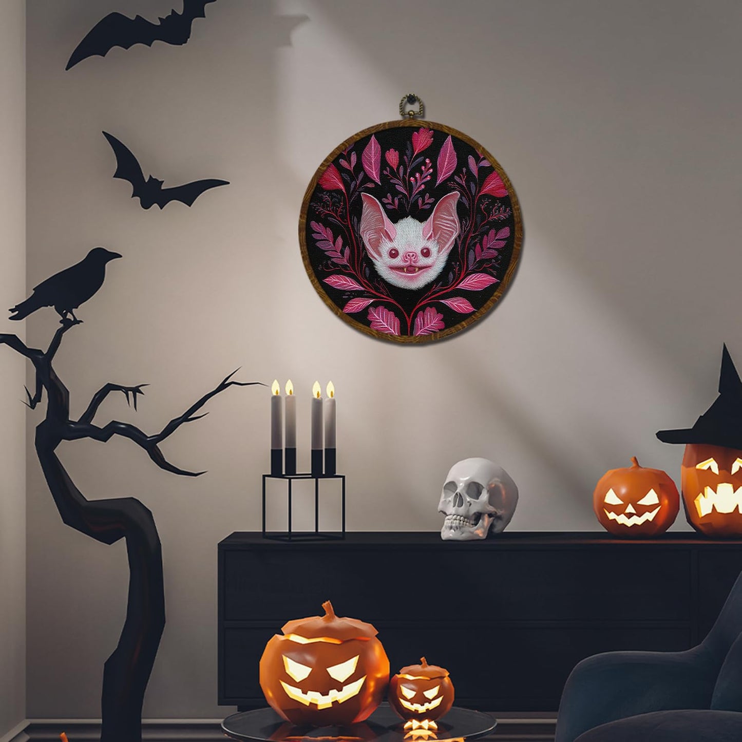 KLYTINK Pink Bat Round Wall Art Decor,10x10 Inch Gothic Whimsical Canvas Print with Round Frame, Cute Bat Artwork Wall Hanging Decor for Bedroom, Living Room, or Halloween Home(Pink Bat)