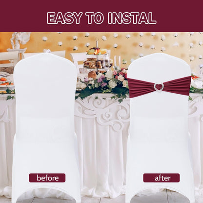 Howhic Pack of 60 Spandex Chair Sashes Bows Stretch Cover Band with Buckle Slider Universal Elastic Chair Ties for Wedding Banquet Party Event Decoration (Burgundy)