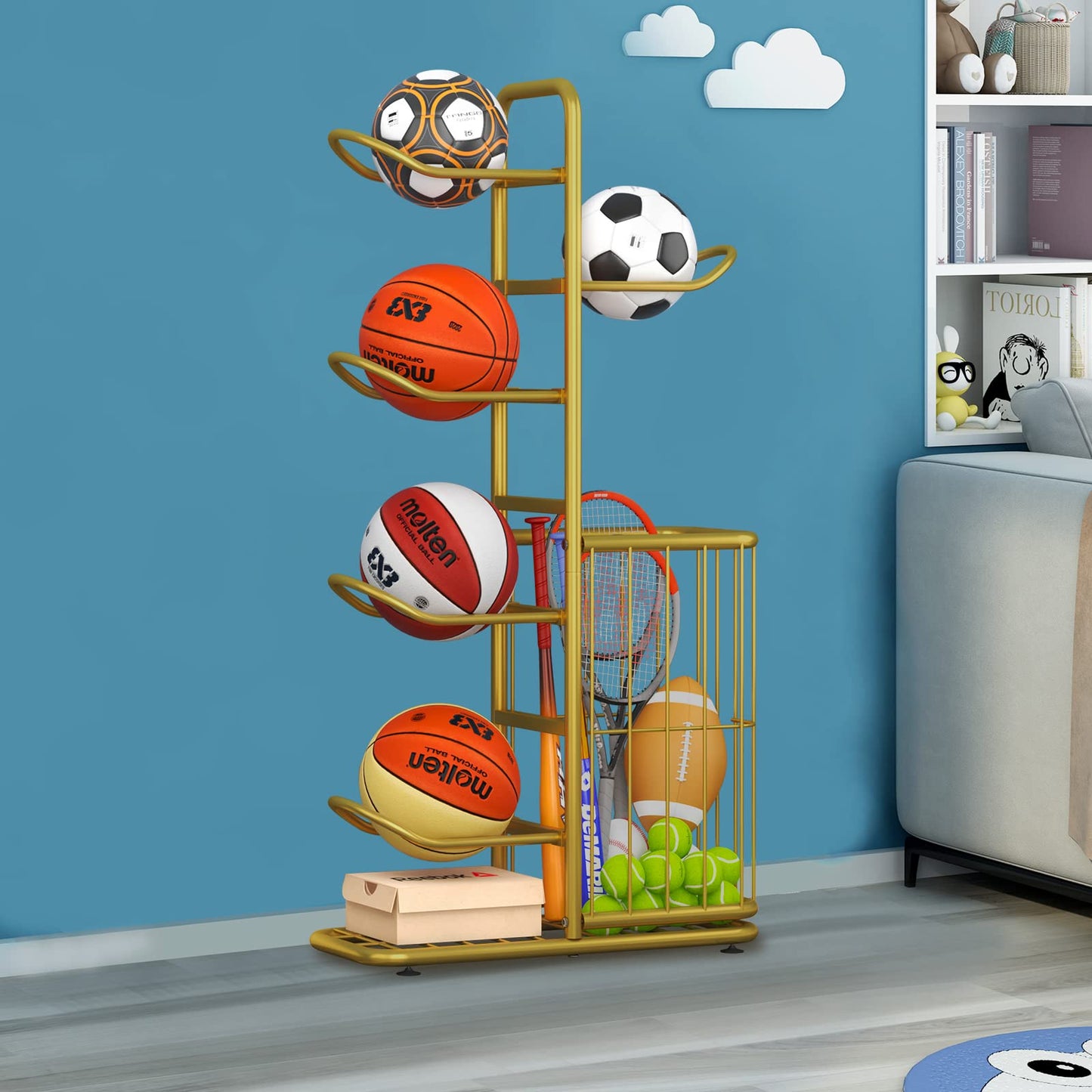YIILII 5-Ball Sports Equipment Storage Rack, Ideal for Garage or Indoor Use - Organize Toys, Sports Gear and More, 45.7" (Khaki Gold)