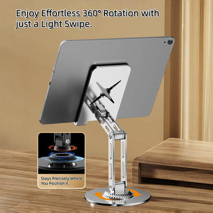 Briteroh All-Metal Cell Phone Stand 360° Rotatable & Height Adjustable - 25KG Super Load-Bearing, Foldable Desk Stand for Phone, Compatible with iPhone 17/16/15/14, Nintendo Switch, Silver