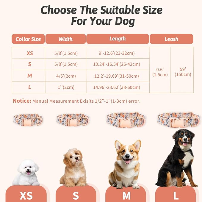 Dog Collar and Leash Set Girls Adjustable Puppy Collars with Floral Bow Tie for Small Medium Large Female Dogs, Orange Flower, L
