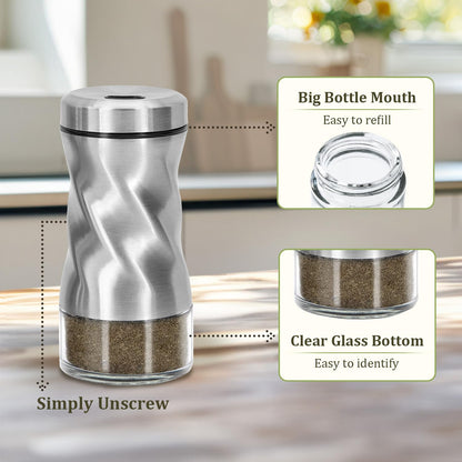 Glass Salt and Pepper Shakers Set, Adjustable Pour Holes for Fine or Coarse Spices, 4 oz Glass Salt Shaker, Refillable Spice Shakers for Himalayan & Kosher Salt, Pepper, Cinnamon – For Kitchen & Table