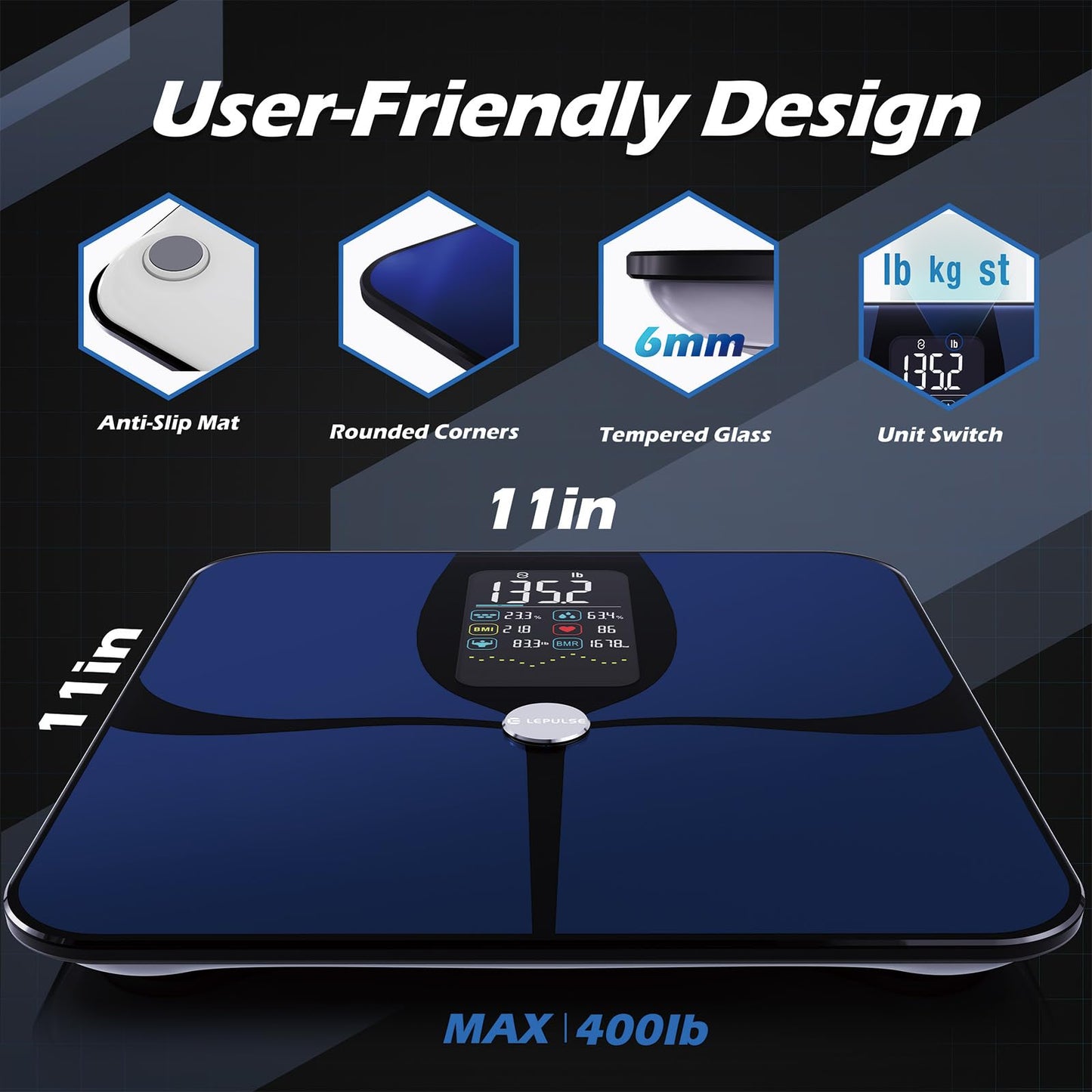 Lepulse Smart Scale for Body Weight, Digital Bathroom Weight Scale with BMI Muscle Mass 20 Body Composition Metrics, Large Display Body Fat Scales, Heart Rate, Accurate Bluetooth Weighing with App