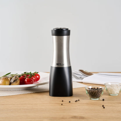 Restaurantware Electric Salt And Pepper Grinder Set 1 Case 2.8 x 2.8 x 7.9 Inch Stainless Steel Cordless Spice Mill With Adjustable Coarseness And LED Light Black Finish