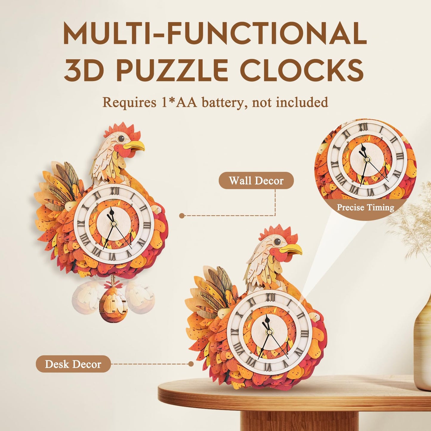Cutywood 3D Puzzles for Adults Clock-Rooster Design Model Kit-Mechanical DIY Pendulum Clock with Roman Numerals-Desk Home Office Decor Personalized Gift for DIY Lovers