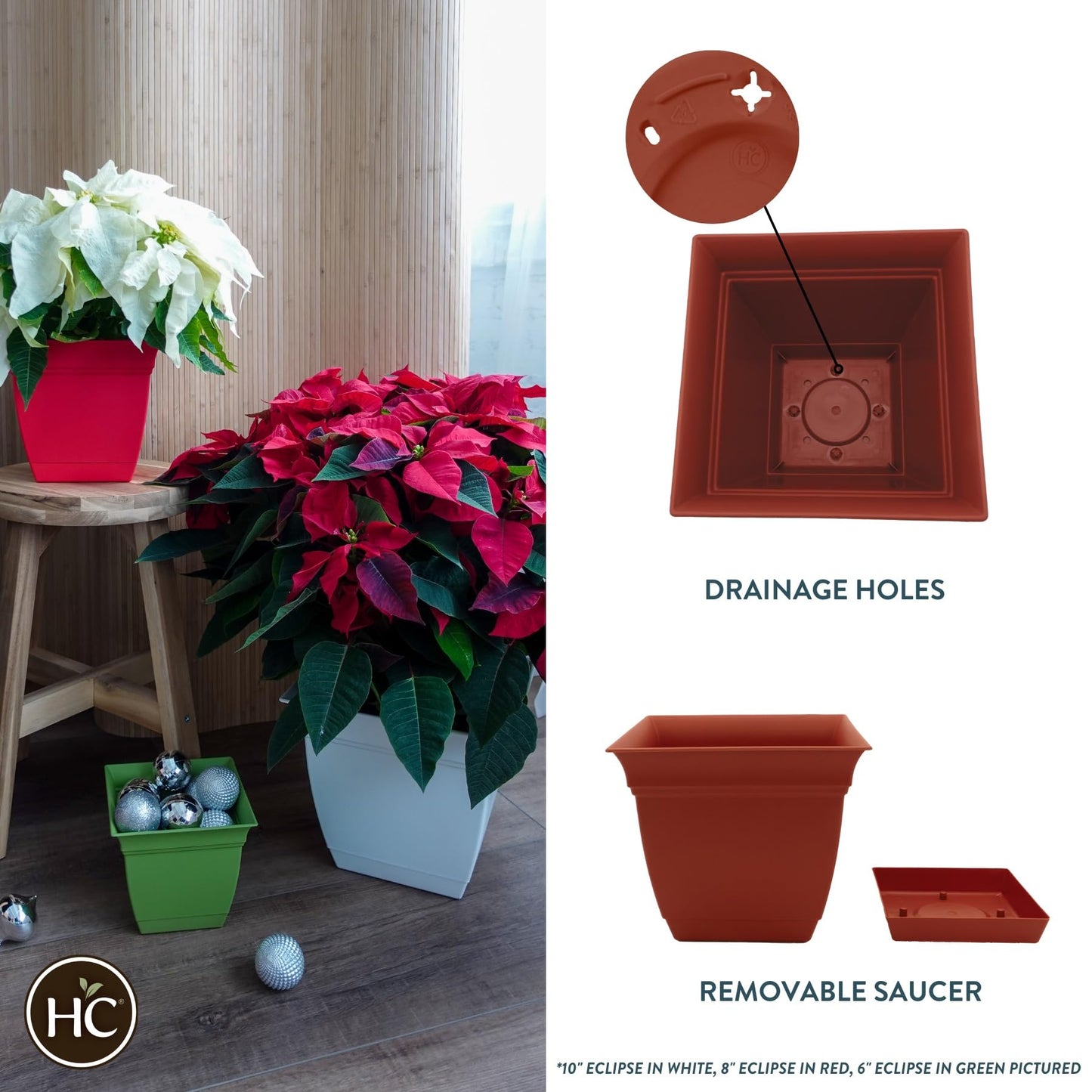 The HC Companies 10 Inch Eclipse Square Planter with Saucer – Indoor Outdoor Plant Pot for Flowers Vegetables Herbs, Clay