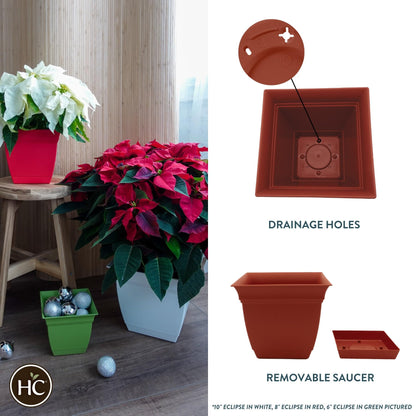 The HC Companies 10 Inch Eclipse Square Planter with Saucer – Indoor Outdoor Plant Pot for Flowers Vegetables Herbs, Clay
