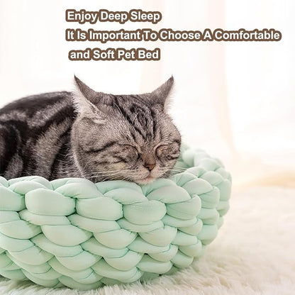 Woven Dog Bed Basket, Knitted Cotton Cat Bed Round Washable Woven Cat Pet Bed Chunky Dog Basket, Orthopedic, Chunky Knit Dog Nest,Dog Bed,Dog Cave,Dog Bedding(Green,17")
