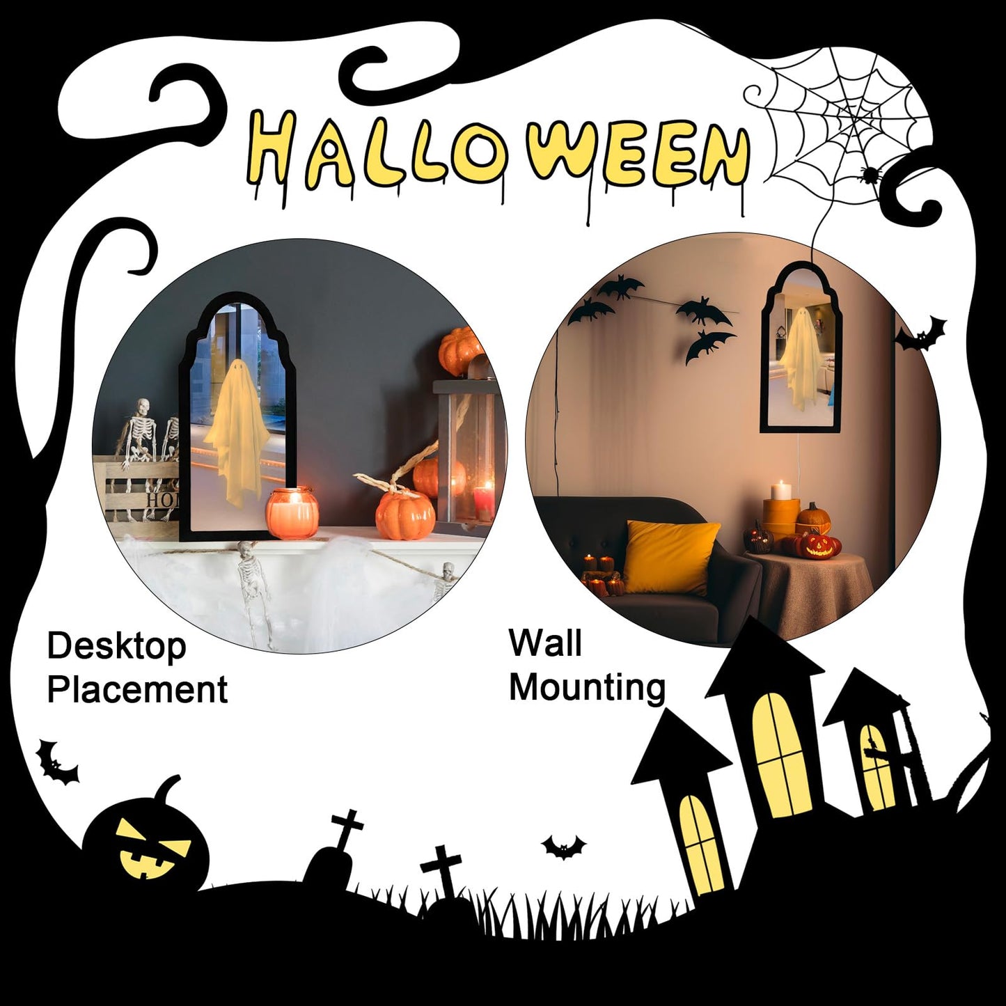 VANSUN 2026 Halloween Ghost Mirror with Wood Flame – Hologram Ghost Mirror, Spooky Halloween Decor for Indoor Spaces, Bedroom, Kitchen, and Fireplace Decoration