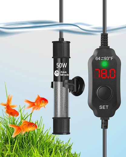 AquaMiracle Aquarium Heater 50W Fish Tank Heater for 5-10 Gal Tanks, LED Digital Display Thermostat Turtle Heater with Out-of-Water Auto Shut-Off, Overheat Protection & Memory Function