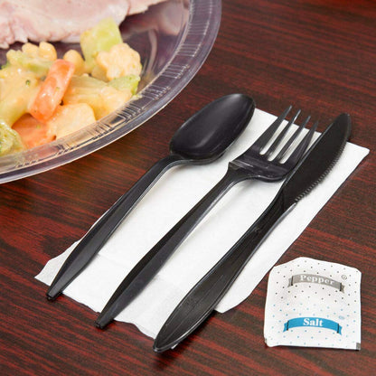 250 Disposable Cutlery Packets - Knife, Fork, Spoon, Napkin, Salt, Pepper Sets | Black & Silver Plastic Sets, Individually Wrapped Cutlery Kits