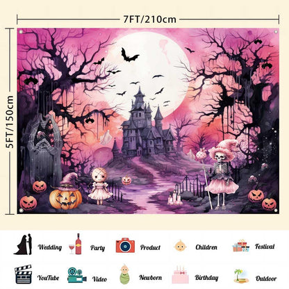 LDWLYW Pink Halloween Backdrop Banner Spooky Witch Halloween Birthday Party Decorations Pink Black Ghost Boo Haunted House Photo Backdrop Background Wall Decor for Girls Kids 7x5 ft