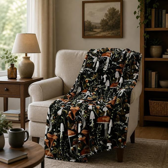 Serafina Home Mushroom Fleece Throw Blanket: Floral Forest Black Brown Beige and White, 50" x 70"