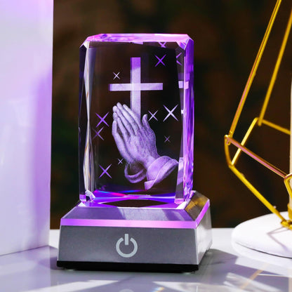 YWHL 3D Crystal Cross Figurine with Colorful Light Base, Laser Engrave Praying Hands Religious Gifts for Women Man, Christian Gifts for Friend