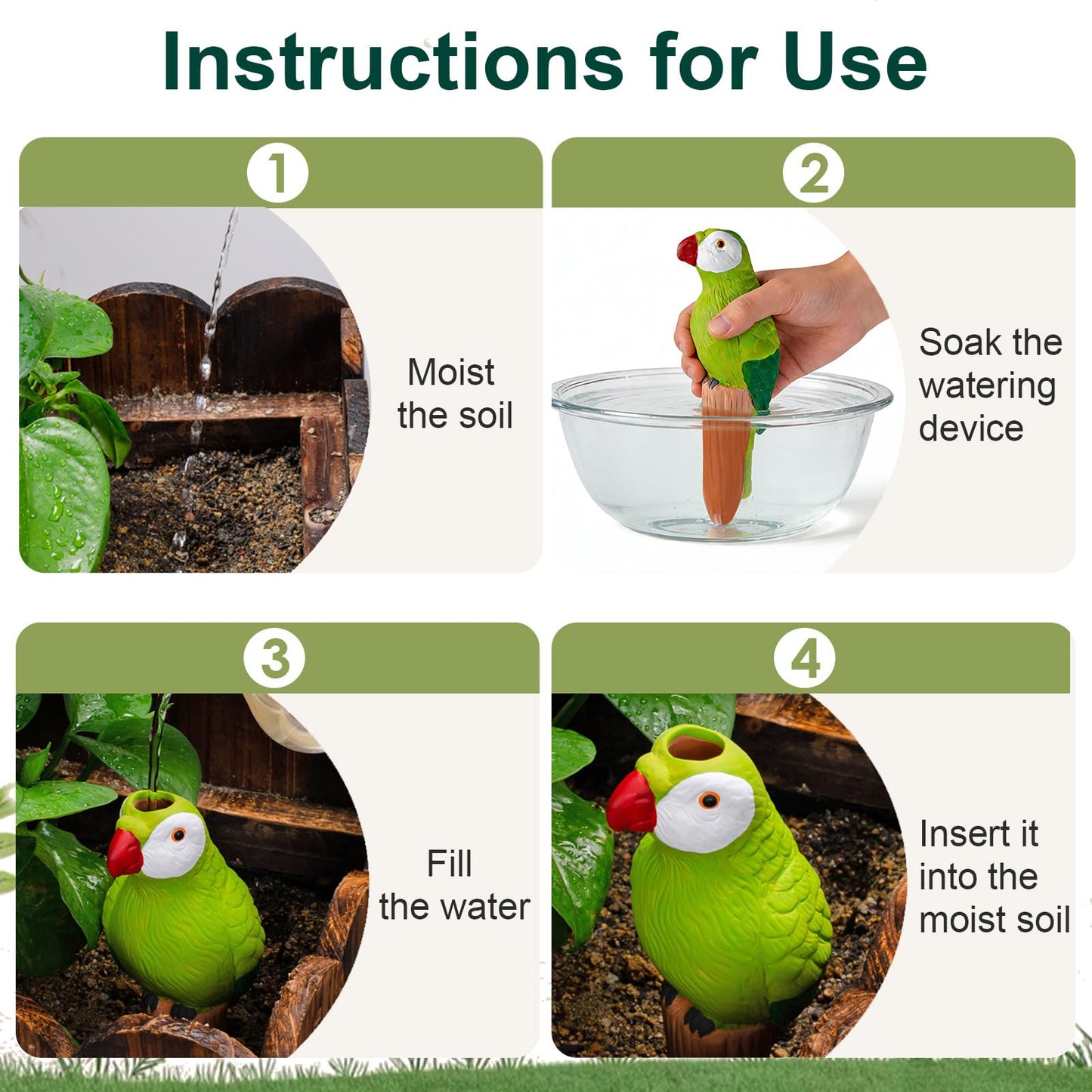 MCleanPin 4 Pack Self Watering Spikes and Globes, Handmade Terracotta Parrot Self-Watering Plant Devices with Slow Release System, Automatic Plant Water Bulbs for Indoor and Outdoor Garden Vacation