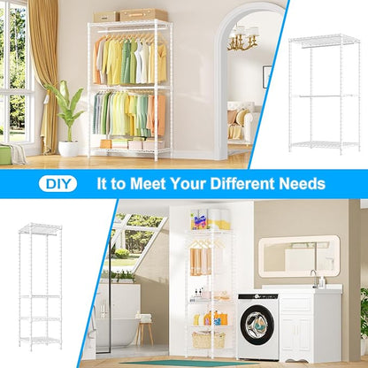 Ulif E10 Clothes Rack（With Stretchable Hanger Rod）Freestanding Clothing Racks for Hanging Clothes，Adjustable Closet Organizer System，Portable Garment Rack 73-97"W x 15" D x 72" H，Max Load 800LBS，White
