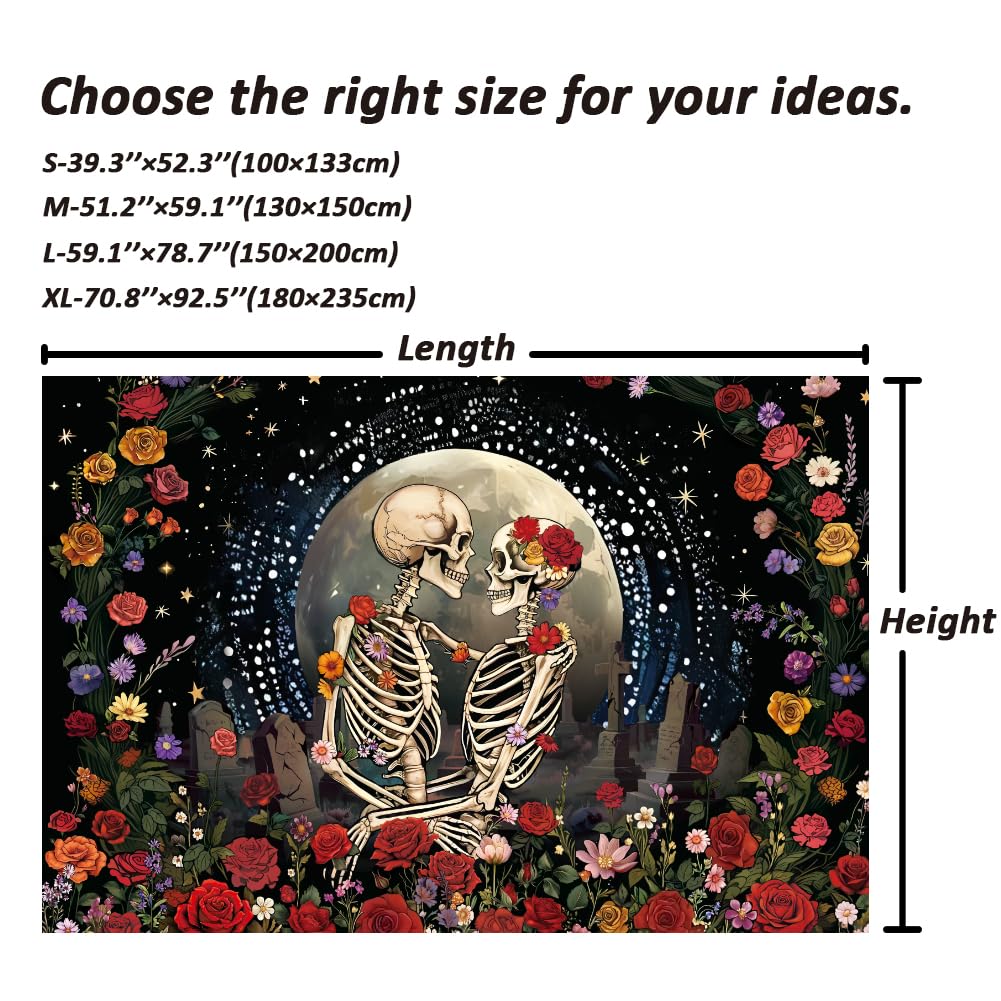 Serborlur Skeleton Lovers Tapestry Aesthetic Gothic Skull Tapestries Boho Romantic Flower Floral Wall Decor The Lovers Wall Hanging for Bedroom Living Room Dorm