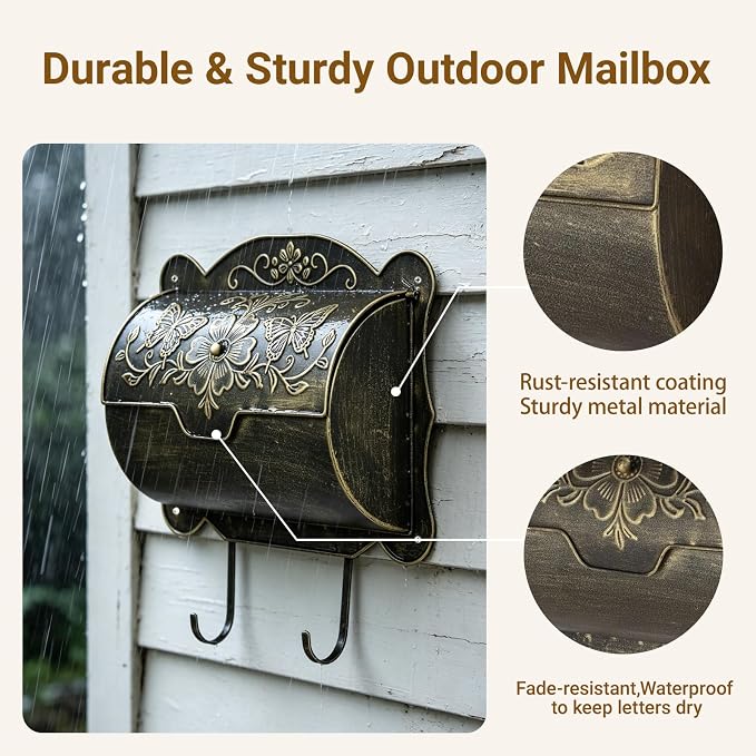 Wall Mount Mailbox with Newspaper Holder, Upgraded Embossed Vintage Mailbox Wall Mount, Butterfly & Floral Decorative Front Porch Antique Mailboxes, Mail Boxes for House Outside Garden