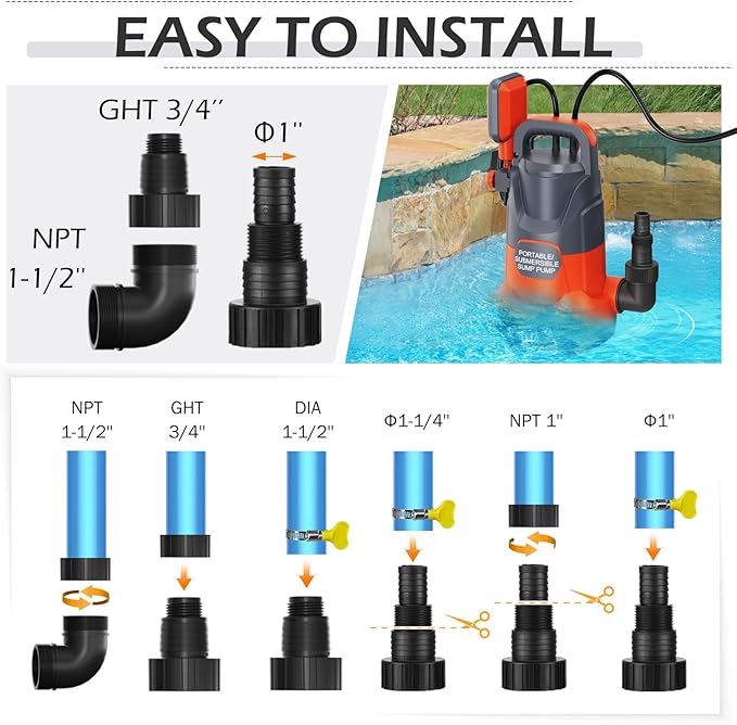 Sump Pump with Float 1HP Clean/Dirty Submersible Water Pump Electric 4500GPH for Pool Draining Spa Hot Tubs Ponds, Orange