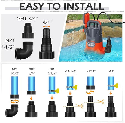 Sump Pump with Float 1HP Clean/Dirty Submersible Water Pump Electric 4500GPH for Pool Draining Spa Hot Tubs Ponds, Orange
