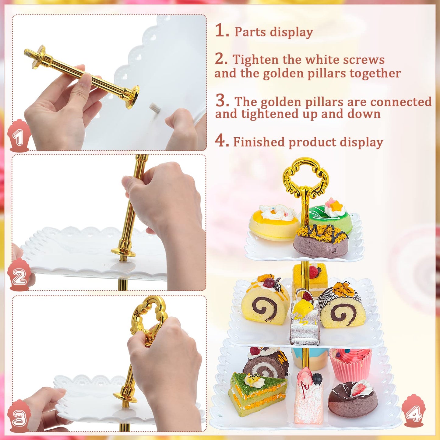 Gandeer 6 Sets of 3 Tier Tea Party Cupcake Stand, White Plastic Cupcake Dessert Plates Square Display Trays for Cake Fruit Candy Display Tower for Wedding Birthday Baby Shower Decorations