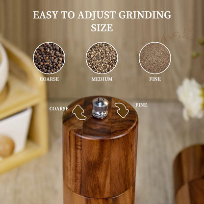 XWXO 2 Pack Acacia Wooden Salt and Pepper Grinder Set 8 Inches Refillable Salt and Pepper Mills Adjustable Coarseness, Acacia Wood with Ceramic Core Peppercorn Shaker Tableware Birthday Gifts