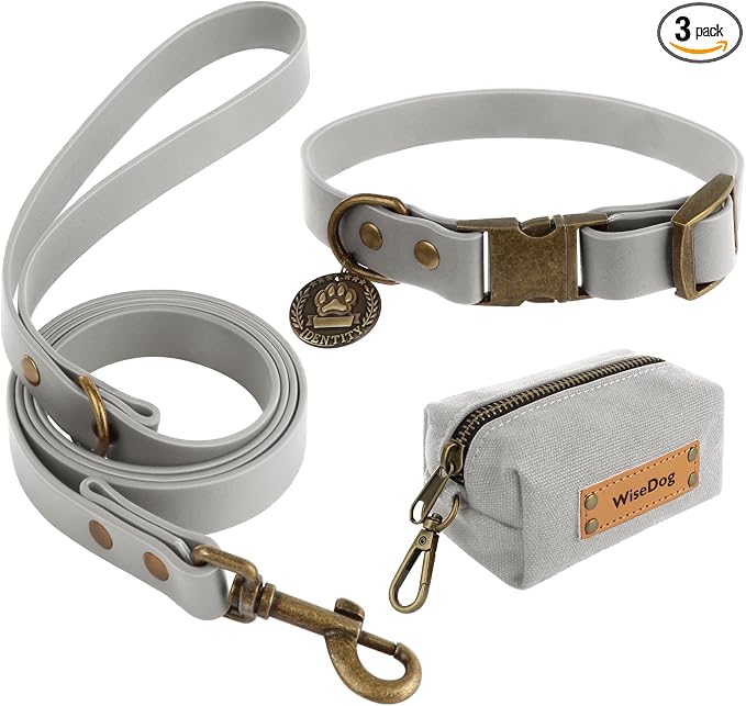 Wisedog Waterproof Dog Collar and Leash Set, Grey, S | Adjustable Puppy Collar, Cute Tag, 4FT Dog Leash, Poop Bag Included, Small Medium Large Dogs