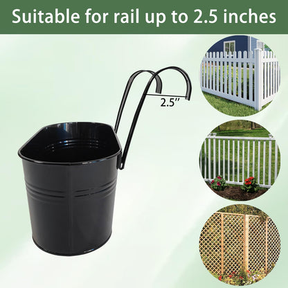 Joyfernal 12" Balcony Railing Planters, Outdoor Hanging Planter for Fence, Stylish Metal Porch Deck Flower Pot for Herbs & Succulents (Black, Pack of 2)