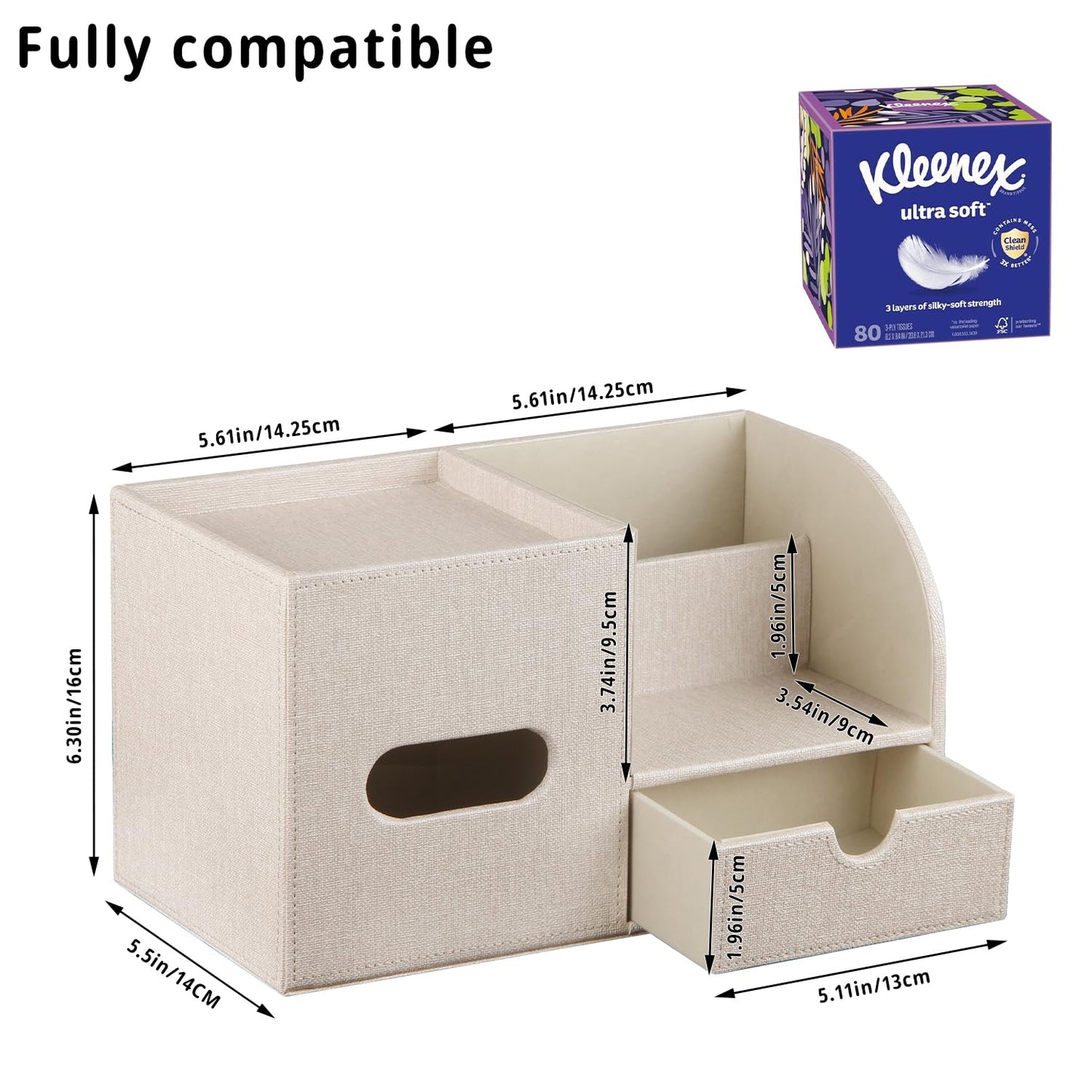 YAPISHI Tissue Box Cover with Storage Tray and Drawer, PU Leather Square Tissue Box Holder, Modern Cube Facial Tissue Dispenser, Makeup Holder, Remote Control Organizer for Nightstand, Bathroom Vanity