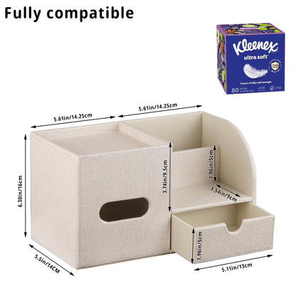 YAPISHI Tissue Box Cover with Storage Tray and Drawer, PU Leather Square Tissue Box Holder, Modern Cube Facial Tissue Dispenser, Makeup Holder, Remote Control Organizer for Nightstand, Bathroom Vanity