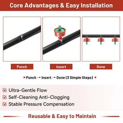 100 PCS 0.25 GPH Pressure Compensating Drip Irrigation Spot Watering Drippers/Emitters, Anti-Clog Self-Cleaning Drip Irrigation Emitters Heads Irrigation Drippers Parts for Seedlings, Mini Gardens