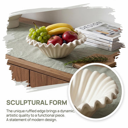 Prygew Large Decorative Bowl, 10 Inch White Ceramic Fruit Bowl for Kitchen Counter, Modern Scalloped Ruffle Key Bowl Decor for Jewelry, Entryway, Dining, Coffee Table