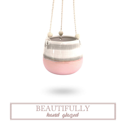 23 Bees Ceramic Hanging Planter, Pink White Succulent Pots, Round Plant Holder Container, Cactus Pot with Cotton Rope Hanger, Indoor Outdoor Decor, (1 Pack x Pink Horizon)