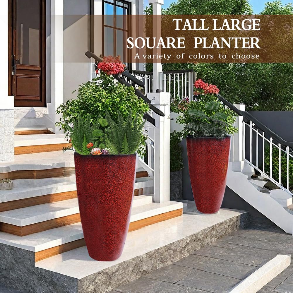 2 Pcs Pack 21 Inches Plastic Resin Tall Tapered Planter Pots Large Round Planter Flower Pot with Drainage Holes for Indoor Outdoor Deck Porch Yard Office Garden Home Patio Front Door (Red, L)