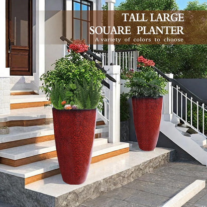 2 Pcs Pack 21 Inches Plastic Resin Tall Tapered Planter Pots Large Round Planter Flower Pot with Drainage Holes for Indoor Outdoor Deck Porch Yard Office Garden Home Patio Front Door (Red, L)
