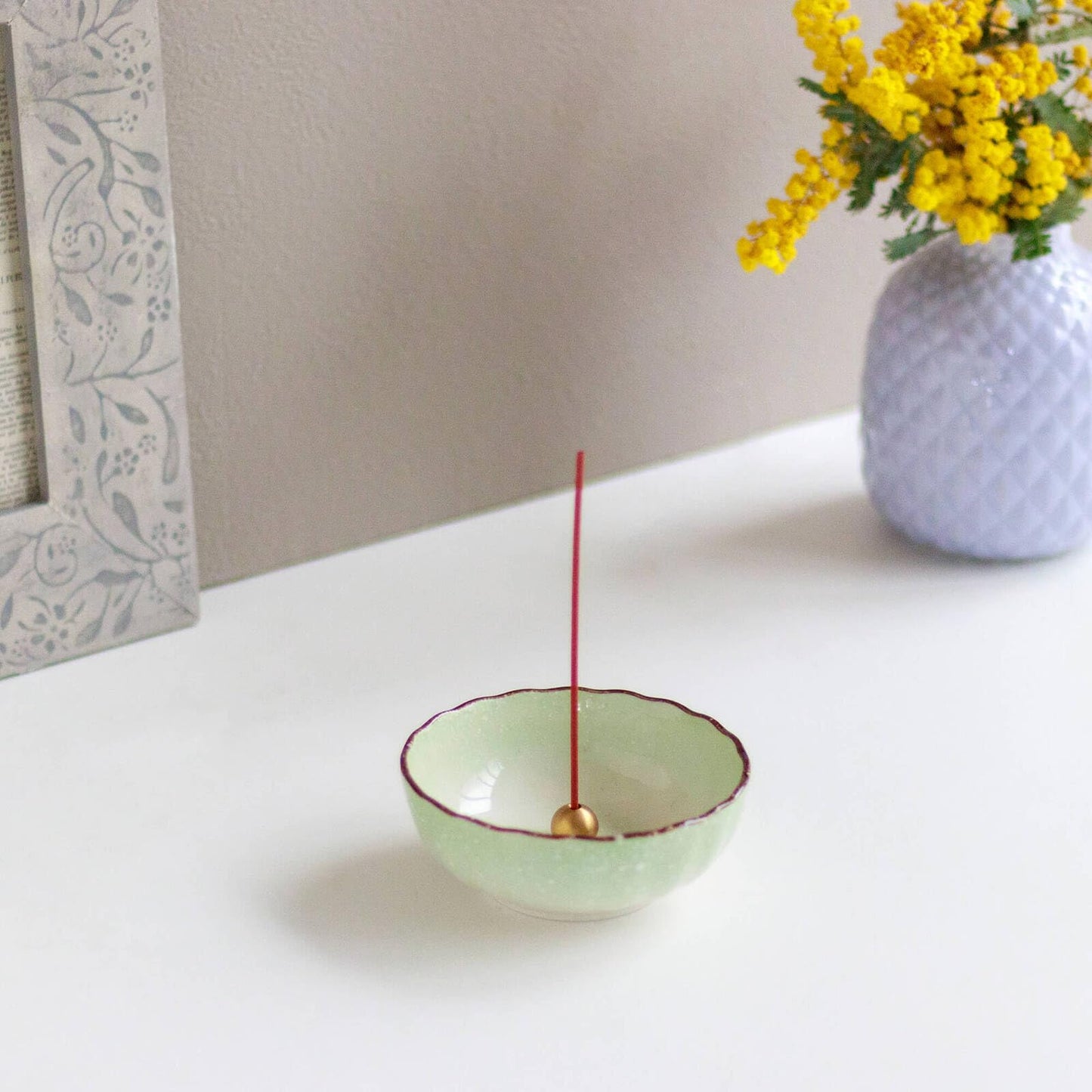 Asayu Japanese Lotus Incense Holder for Sticks 4.1 inch (105mm), Traditional Made in Japan Ceramic Ash Catcher and Brass Incense Burner Set - Light Green