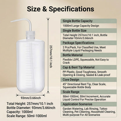 2-Pack 1000ml/34oz Clear Plastic Squeeze Tattoo Bottle with Scaled Narrow Mouth, Lab Squeeze Wash Bottle,Watering Tool for Gardening & Lab Succulent Watering
