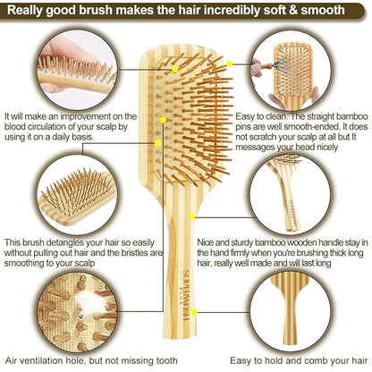 Bamboo Wood Hair Brush Large Paddle for Women, Natural Bamboo Wooden Bristles Scalp Massager, Flat Detangling Hairbrush Fit All Types Hair