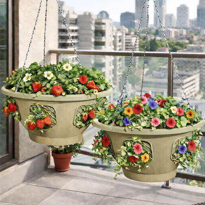 smart spring Ultimate Hanging Basket Strawberry & Flower Planter – 6 Side Planting Spaces, Drainage Hole, 1” Water Reservoir, Zinc-Plated Chain Included, Made in the USA (Desert Sand)