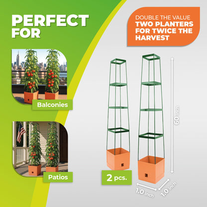 BioGreen 2 Pack Garden Tomato Planter MAXITOM, with Plant Support Trellis 59 inch and Self Watering, 4,2 Gal Planter Box for Climbing Vegetables Plants, Terracotta