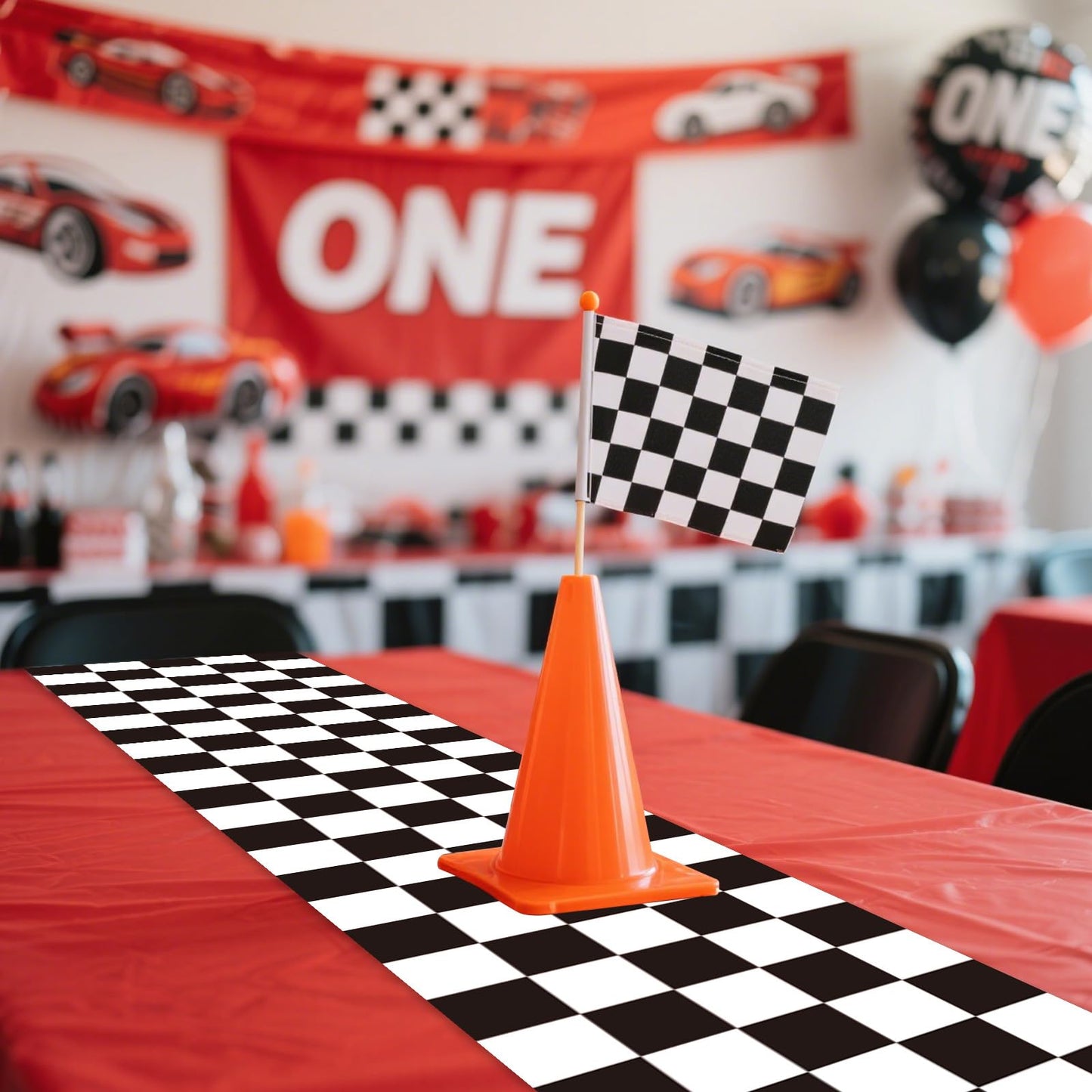 CHRORINE 2 Pcs Black and White Checkered Table Runners for Racing Cars Theme Birthday Party Boy Men Birthday Anniversary Decorations, Truck Theme Fast One Two Fast Decorations 13x108 Inches