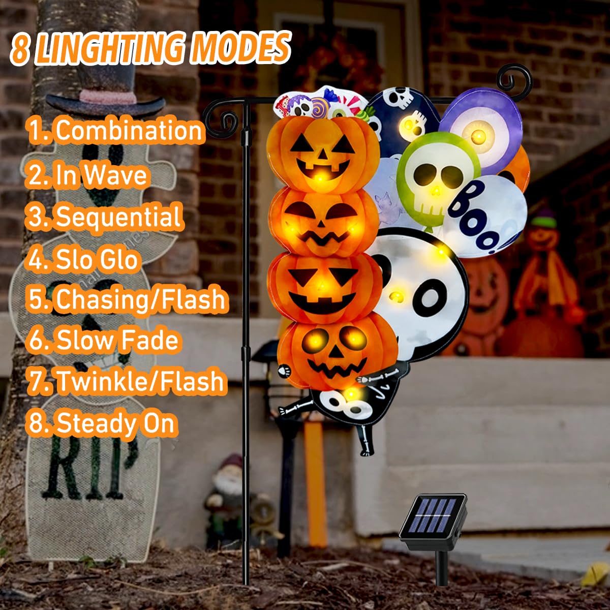 3D Lighted Halloween Garden Flag, Solar Powered LED Outdoor Skeleton & Pumpkin Holiday Yard Flag, Double Side Spooky Ghost Skull Shaped Flag for Patio Lawn, Home Porch 12×18 Inch