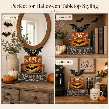 4 Pcs Halloween Table Decorations Bat Tiered Tray Decor Farmhouse Rustic Wooden Block Signs with Vampire & Jack-o'-Lantern Halloween Tabletop Centerpiece for Home Kitchen Shelf Mantel Office Desk