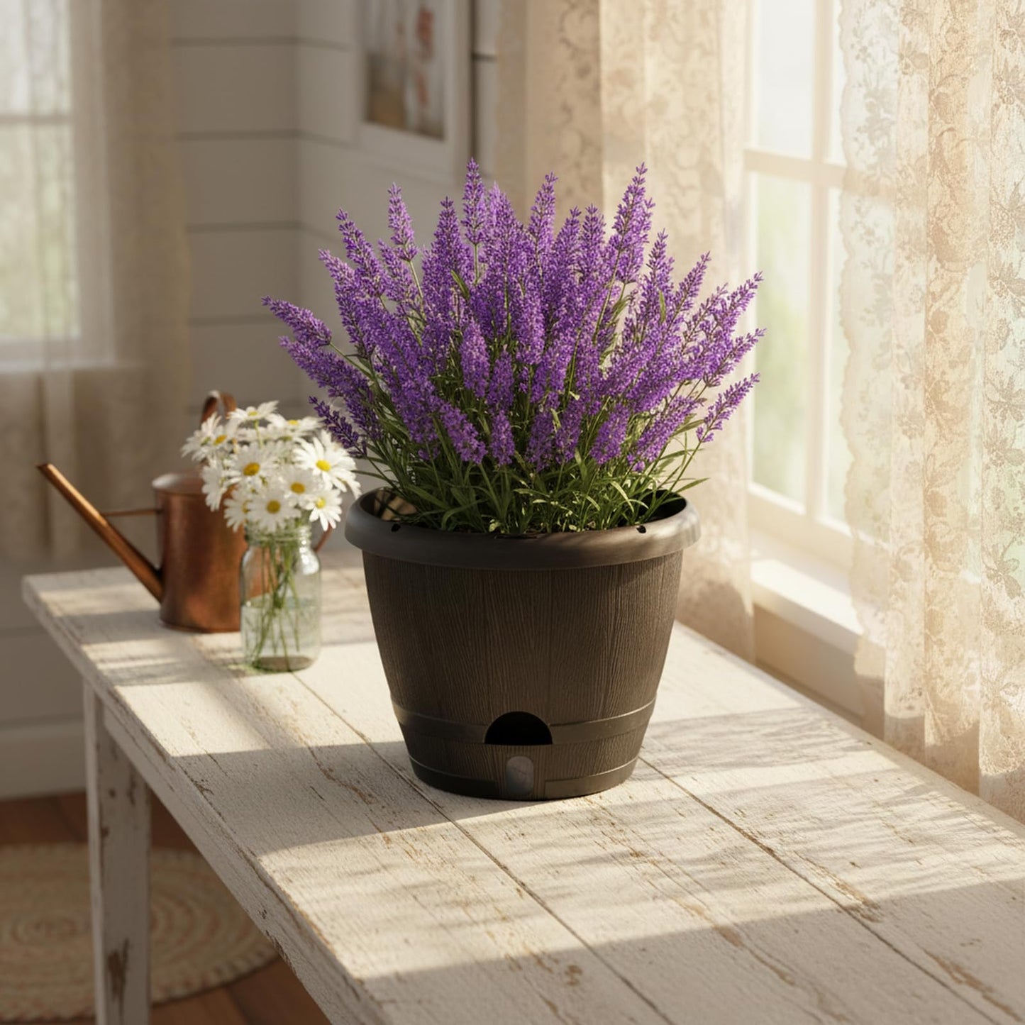 Sun-E 10 Inch Self Watering Planters 3-Pack - Rustic Whiskey Barrel Flower Pots with Water Level Indicator & Drainage, Farmhouse Decor for Indoor Outdoor Plants (Dark Brown Wood Grain)