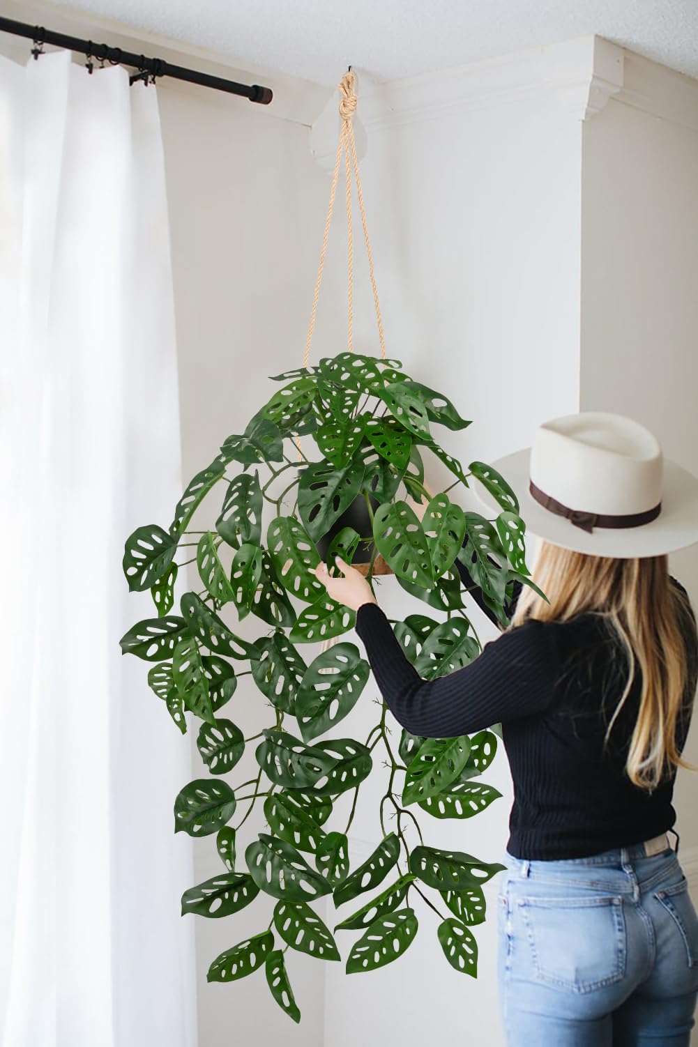 Large Fake Hanging Plants in Pot with Hook, 37" Artificial Hanging Monstera Albo Vines Plants, Fake Potted Greenery Plant for Room Wall Living Room Bathroom Kitchen, Big Faux Ivy Houseplants for Shelf