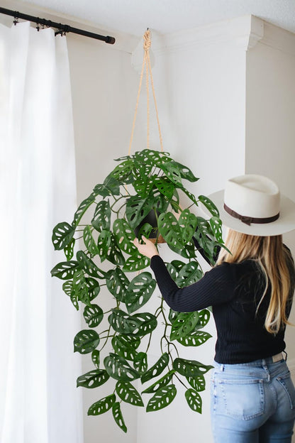 Large Fake Hanging Plants in Pot with Hook, 37" Artificial Hanging Monstera Albo Vines Plants, Fake Potted Greenery Plant for Room Wall Living Room Bathroom Kitchen, Big Faux Ivy Houseplants for Shelf